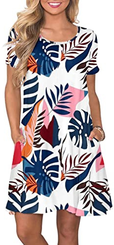 AUSELILY Abito Estivo Donna T-Shirt Casual Vestito a Manica Corta Abiti Corto con Tasche Scollo a Rotondo