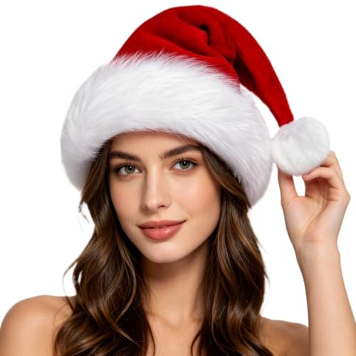 Christmas Hat Adults/Kids/Baby Santa Hat Unisex Red Velvet Fluffy Double Extra Holiday Xmas Hats for New Year Festive Party