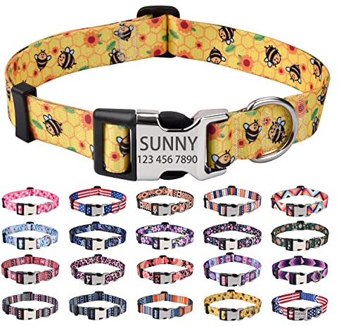 Mihqy Personalisiertes Hundehalsband mit Eingraviertem Namen und Telefonnummer - Weich & Komfort Hunde Halsband Hundehalsbänder für Kleine Mittel Große Hunde Welpen Katzen(Biene,XS)