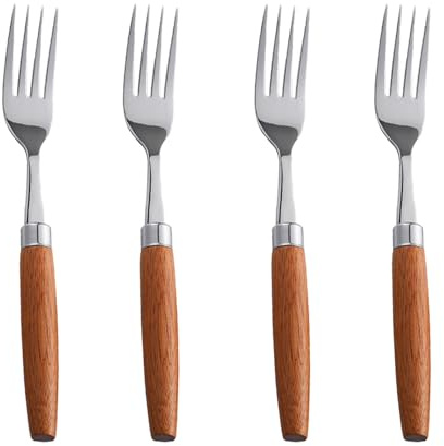 Chenshuo Wooden Handle Stainless Steel Flatware Set, Metal Forks for Home Kitchen Restaurant Hotel, Polish Forks Silverware With Sapele Handle, 7.3 Inches, 4 Pieces