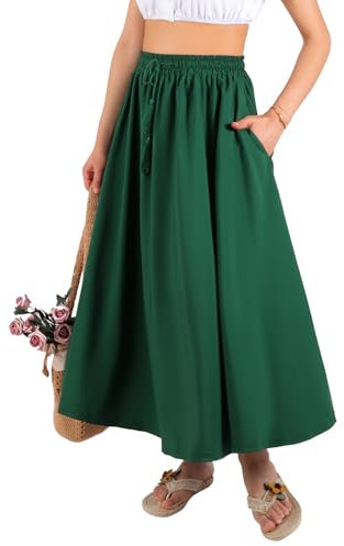 BALAYSIER Midi Rock Damen Sommer mit Taschen Rock A Linie Damen mit Kordelzug Einfarbig Elegante Lange Röcke(Grün, M)
