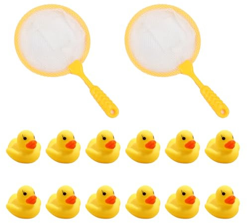 Miaija 14Pcs Rubber Ducks Set 12 Yellow Mini Ducks Toy with 2 Fishing Net Funny Bath Toy Set for Swimming Pool Toys Water Games