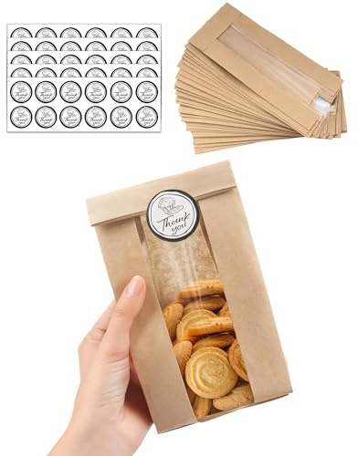 BakeChoice 50 pcs Small Bakery Bags with Window,60 Stickers,Kraft Brown Paper Bags for Cupcake/Cookie/Coffee Bean/Party Favor,Snack Packaging (8,89x5,85x19,05 cm)