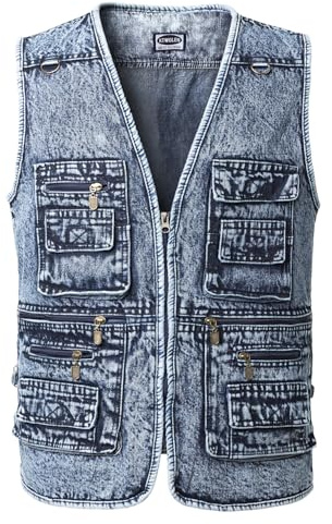 KTWOLEN Homme Gilet en Jean Motard Denim Gilet de Vélo Veste Sans Manches en Jean Multipoche Gilet en Jean pour Photographe Chasse Pêche Voyage, Bleu clair, 4XL