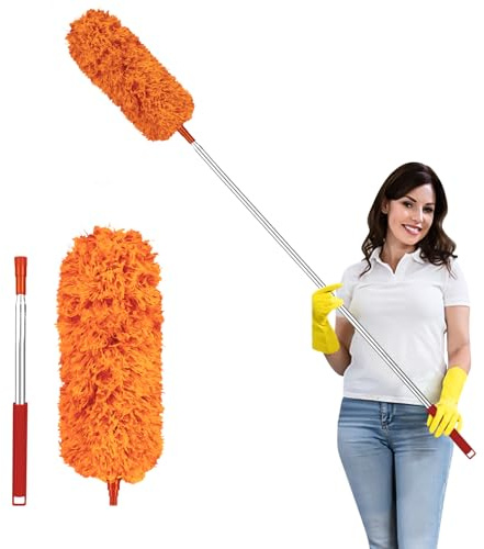 Fogray 2026 Upgraded Extendable Feather Duster with Soft Silicone Cap, Telescopic Long Handled Microfiber Dusters for Cleaning, Cobweb High Ceiling Fan Roof Blinds, Washable & Bendable(Orange)