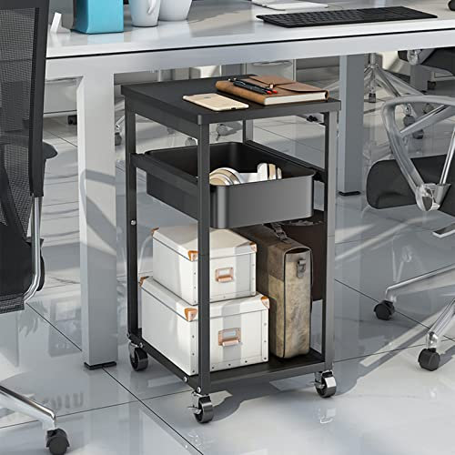 Carrello multiuso in metallo a 3 livelli con cassetto in legno e bidone della spazzatura, carrello multiuso per bagno e ufficio, carrello nero con ruote