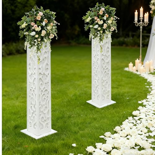 FONSOLUM 8PCS White Wedding Columns, 47 Carved Flower Columns Decoration Flower Stands with LED Light, Tall Pillar Engraved Roman Column Pavilion Column Flower Holder for Wedding Party Celebration