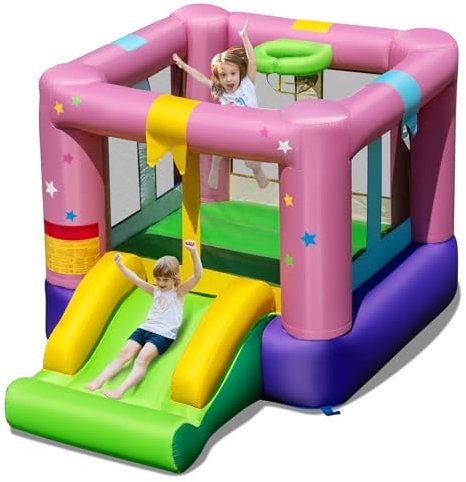 RELAX4LIFE Castello Gonfiabile 240x174x143cm per Bambini con Ampia Area di Salto, Casa di Rimbalzo con Scivolo e Canestro da Basket, Borsa da Trasporto, Capacità di Peso 45 kg, per 3+ Anni