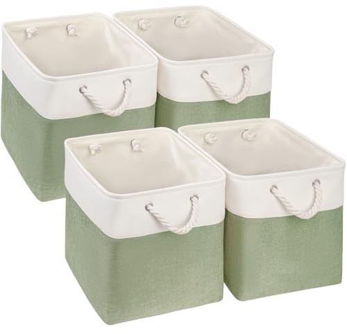 SOCOHOME Fabric Cube Storage Boxes,25x25x25cm Canvas Storage Baskets for Nursery Closet Toys Shelf(Green/White, Set of 4)