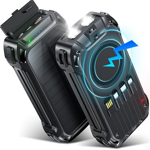 Batterie Externe sans Fil 26800mAh avec 4 câbles intégrés, Charge Rapide 7 Sorties Chargeur Solaire Portable USB C 30W avec Lampe SOS, pour téléphones tablettes Camping