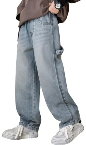 Rolanko Jean Baggy Garçon à Taille Élastiquée Cargo Bootcut Jean de Skateur avec Multiples Poches Pantalon en Denim Vintage Streetwear pour Enfants, Délavé Bleu Denim, Taille: 170/13-15 Ans