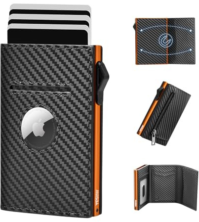 YESIIW Portmonee Herren Airtag mit Große Kapazität & Super Kompakt Airtag Geldbeutel für 10 Karten, 1 Ausweis & Münzfach Geldbörse Herren Airtag mit RFID Schutz, Magnetverschluss (Schwarz und Orange)