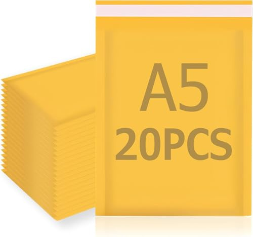 HongChelle Small Padded Envelopes A5, 20 Pcs Bubble Wrap Envelopes, Jiffy Bags, Kraft Poly Bubble Mailers Bags for Packaging Mailing Shipping Self Seal Yellow
