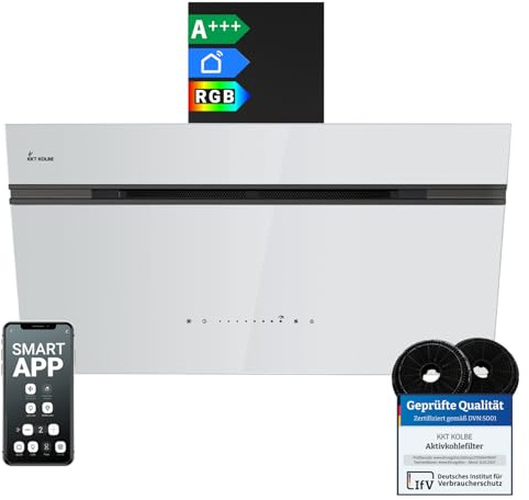 KKT KOLBE A+++ AURORA9005SW - Cappa aspirante 90 cm, 782 cbm/h, senza testa, vetro bianco e nero, funzione di ripresa automatica, Smart WiFi, sensore Touch, illuminazione a LED RGBW