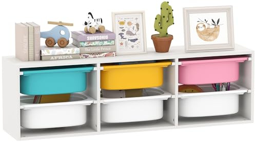 AIYAPLAY Scaffale Portagiochi Bambini in Legno, Libreria Montessoriana per Bambini con 6 Contenitori Rimovibili in Plastica, per Camerette, Asili, Stanze Gioco, 97x21x29 cm, Multicolore