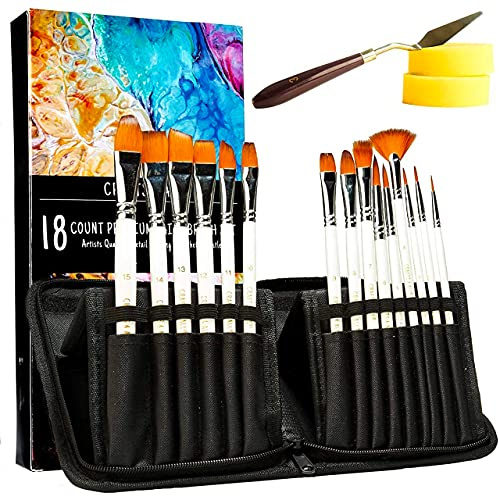 Crafts 4 ALL 18 Stück Profi-Pinselset mit Aufbewahrungstasche - Breite und feine Spitzen, Nylonhaar-Künstlerpinsel für Acryl, Aquarell & Ölmalerei - Ideal für Künstler, Erwachsene & Kinder