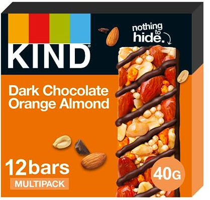 KIND Bars, Gluten Free Snack Bars, Dark Chocolate Orange Almond, High Fibre, Healthy Snack, No Artificial Colours, Flavours or Preservatives, Multipack 12 x 40g