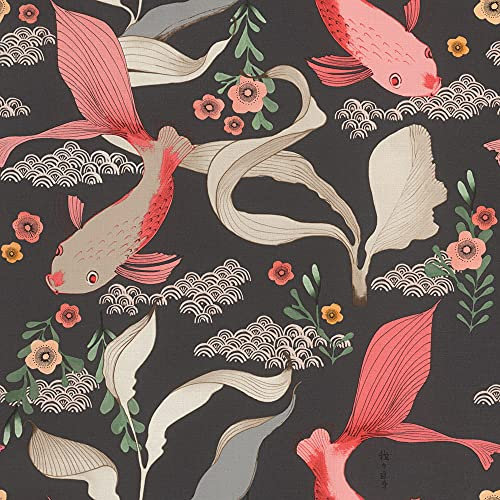Rasch Amazing 539851 Papier peint intissé avec carpes koï roses et plantes vertes sur fond noir et structure textile Noir 10,05 m x 53 cm (L x l) Noir