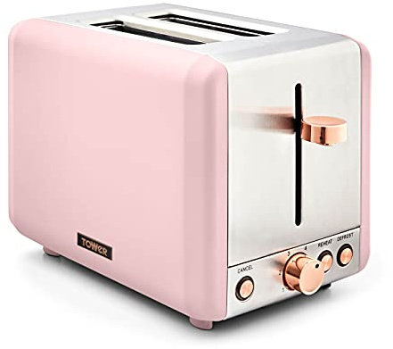 Tower T20036PNK Cavaletto 2-Slice Toaster with Defrost/Reheat, Stainless Steel, 850 W, Marshmallow Pink and Rose Gold