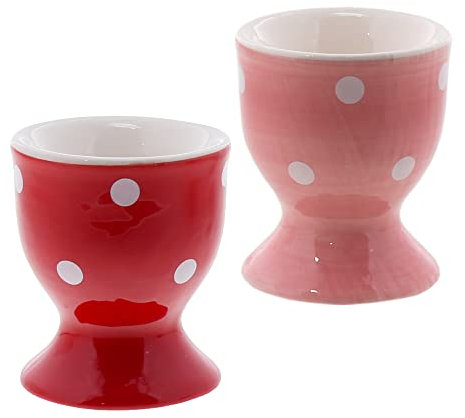 Servette Home Ceramic Egg Cup Polka Dot Soft Boiled Egg Holder - Set of 2 (Pink Red)