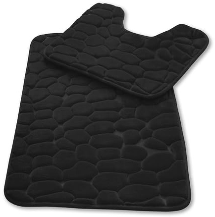 GC GAVENO CAVAILIA Pebble Stone Bath Mat Non Slip | 2Piece Memory Foam Bath Mat Set Washable Rug Super Absorbent Shower Pedestal Mat | Quick Dry Bathroom Toilet Mat Sets BathMat, Black