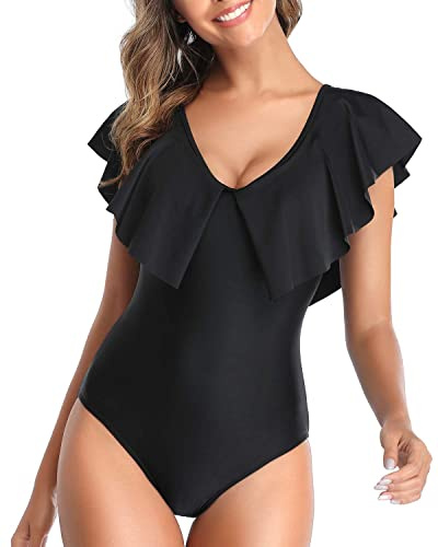 NLAND Traje de Baño Mujer Una Pieza Bañadores con Volante Cuello en V Fruncido Ropa de Baño Playa 1 Pieza Monokinis(Negro,XL)