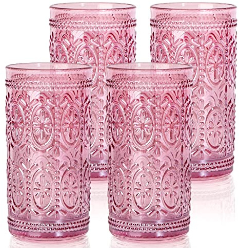 abrwyy Pink Drinking Glasses, 12oz Pink Glassware, Vintage Glassware