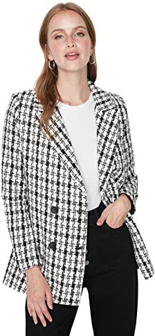 TRENDYOL Dam vanlig basic pläd tyg blazer rock, svart, 34