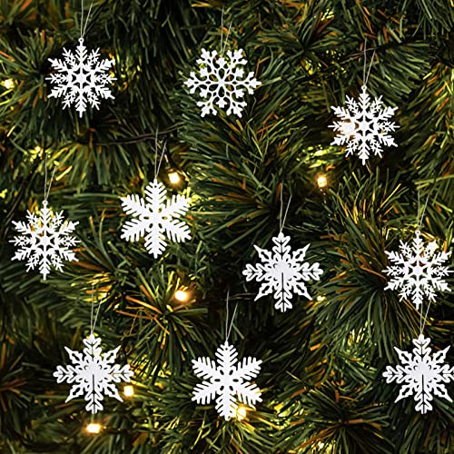 24 stycken julflingor, julgranshängare, snöflingor dekoration med 24 rep, snöflingor att hänga upp för julgran, glitter, julgransprydnad för julfester (vit)