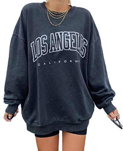GeGekoko överdimensionerad damtröja Los Angeles California rund hals långärmad ledig lös pullover toppar, La# Marinblå, S