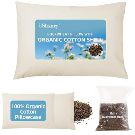 USlixury Organic Buckwheat Pillow for Sleeping with Extra Organic Pillowcase and Hulls, 20X26 Buckwheat Hull Pillow, Adjustable Height and Firmness, Firm Neck Support for Side Sleepers, Cool, White