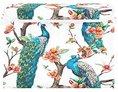 Storage Bins with Lid, Tropical Peacock Bird Flower Tree Storage Box Organizer Toys Bedroom Nursery, 16.5x12.6x11.8 Large Collapsible Storage Cube for Home Office Closet Shelf