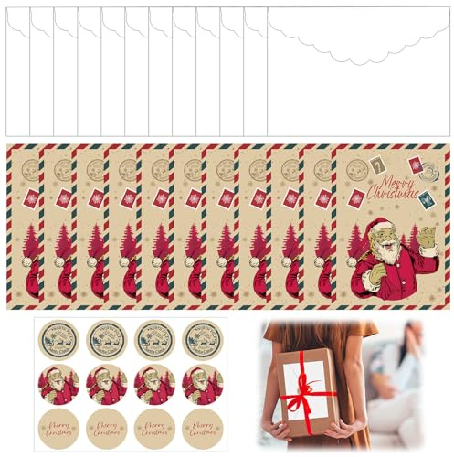 Lot de 12 Cartes de Voeux Noël, Cartes de Noel et Enveloppes Livré avec Autocollants pour Noël, pour les Cadeaux de Noël pour la famille, les Amis et les Enfants