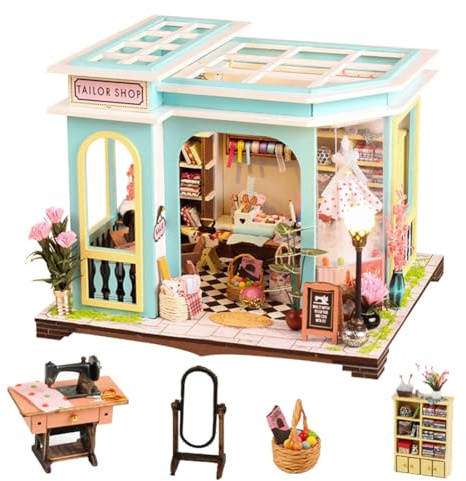 TOPBSFARNY Accessoires de maison de poupée en bois, kit de maison miniature DIY pour adultes, kit créatif de petite maison d'atelier de couture avec meubles et éclairage LED pour cadeau d'anniversaire