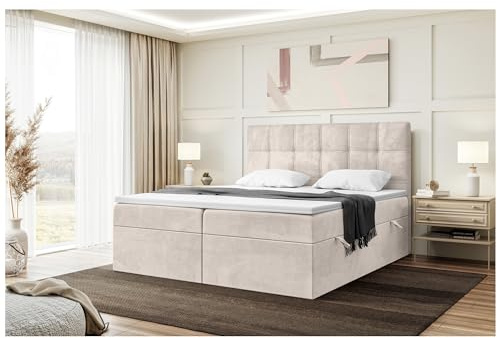 MEBLINI Boxspringbett mit Bettkasten - 140x200 - Gepolstert Doppelbett mit Matratze und Topper - Polsterbett mit Stauraum - Bett mit Kopfteil - Kai - H3/Beige Samt