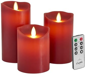 Candela Lights LED-ljusset, rött blockljus, äkta vax med fjärrkontroll, timerfunktion och flersteg, dimbar, rörlig låga, äkta vaxljus (röd, set om 3)