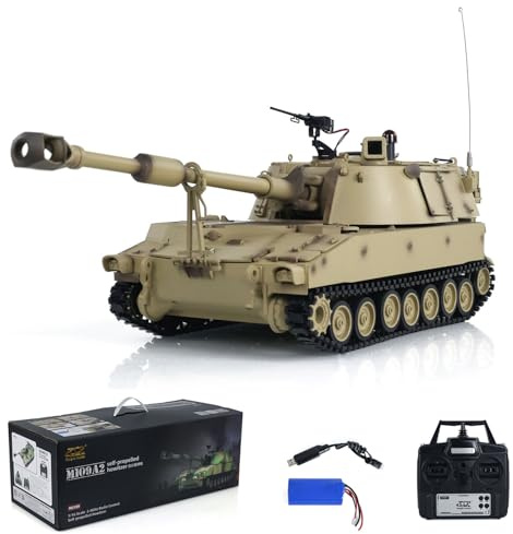 wheelfun Tanque teledirigido de 1/16 Tongde M109A2 autopropulsado RTR Battle Battle Smoke Unit Light Sound (Basic Edition Desert Yellow) BB Shooting Airsoft Tank That Shoot