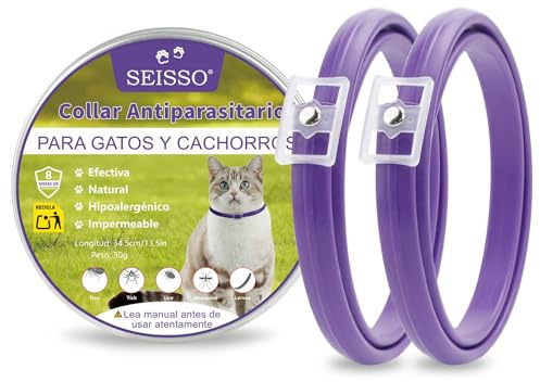 SEISSO 2 Collares Antipulgas para Gatos, Set de 2 Collar contra Pulgas y Garrapatas con 6-8 Meses de Protección, Collar Antiparasitario de 34.5 cm Ajustable para Perros Pequeños y Gatos, Morado