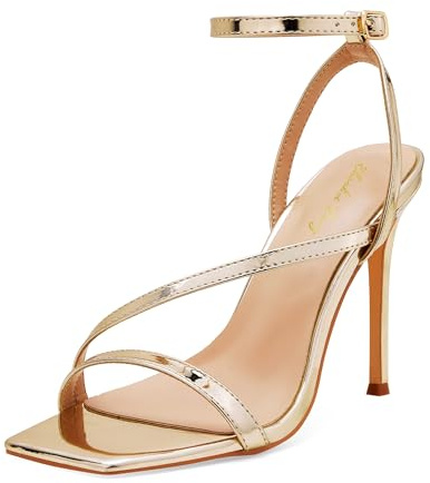 Zhabtuc Women's High Heel Sandals Stylish Square Open Toe Design with Comfortable Ankle Strap, 3.94 Inch Stiletto Heels Ideal for Parties and Daily, Gold, 8.5 UK