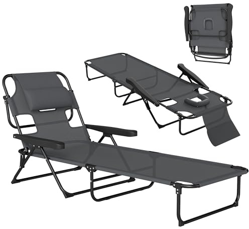 Outsunny Bain de Soleil Chaise Longue Pliante avec appuie-tête, Trou de Lecture, Dossier inclinable en textilène, transat Jardin extérieur pour Plage Relax Camping Piscine terrasse, Gris