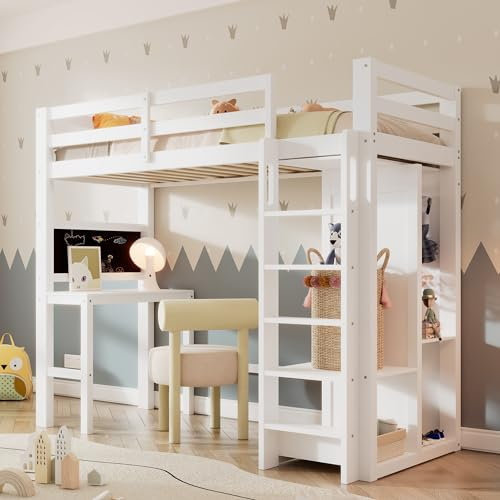 Merax Kinderbett Hochbett 90x200 cm, mit offenem Kleiderschrank, Schreibtisch und Regalen, Etagenbett mit Leiter, Lattenrost und Rausfallschutz, Ohne Matratze, Weiß/206×109×184cm