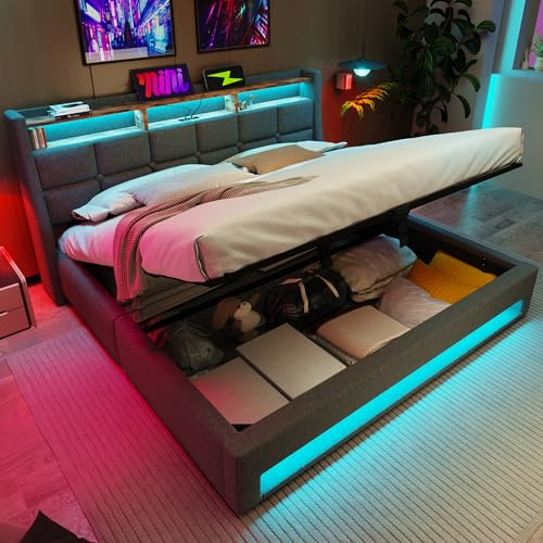 6ft Super King Size Upholstered Bed Frame with Hydraulic Lift & LED Storage Headboard, Functional Ottoman Bed with LED Lighting & USB Type-C Charging, Linen Gas Lift Bed with Slat, No Mattress, Grey