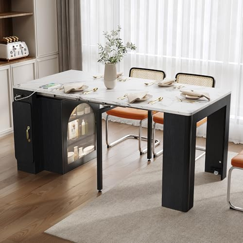 NADEUSAK Isola cucina con ruote, 80 x 150 cm, nero + bianco, tavolo da pranzo allungabile, tavolo rimovibile, carrello da portata mobile con ciabattine, credenza, tavolo da bar