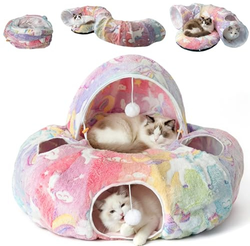 Cama para gatos con función luminosa, túnel de peluche XXL con pelota, túnel grande para gatos, conejos o cachorros