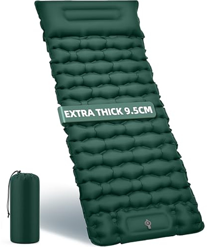 Liggunderlag camping luftmadrass 9,5 cm tjock, 200 x 69 cm ultralätt | luftmatta uppblåsbar madrass med kudde utomhus vattentät campingmatta sovmatta för strand, tält, vandring
