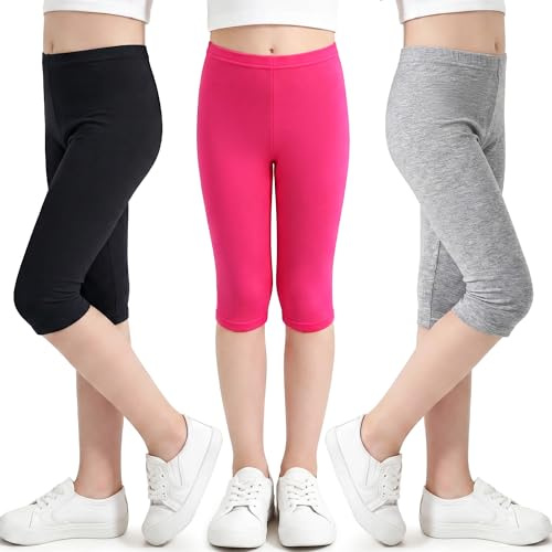 Domueay Leggings Niña 3/4 Suaves Transpirable Pantalones Cortos Pack de 3 Cintura Elástica Cómodos Color Sólidos Modal Mallas Niñas Baile Escolar Legging Infantiles Verano Ropa 4-11 Años