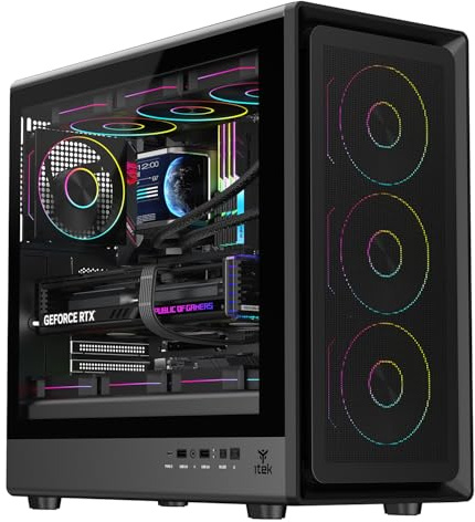 Itek MESHCORE 36B Gamingfodral – ATX-Tower med 4 integrerade 12 cm ARGB-fläktar, USB-C, 2 x USB 3.0 och sidled härdat glaspanel