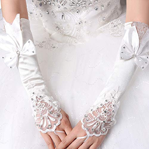 Asudaro Elegante Hochzeits-Handschuhe Fingerlose Weiß Spitzenhandschuhe Brautkleid Handschuhe Strass Brauthandschuhe für Opera Fest Retro Hochzeit Damen Fasching Kostüm Accessoires