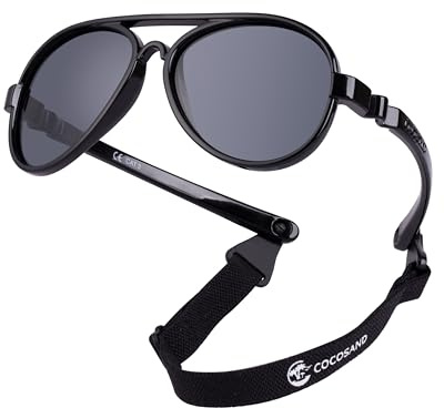 COCOSAND Baby Sunglasses with Strap Flexible Aviator Polarized UV400 for 0-12 Months Babies Newborn Toddler Girls Boys, Black with Grey Lens