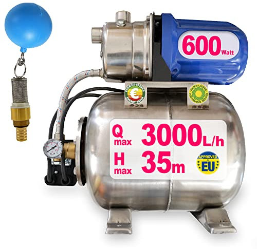 ZISTERNENPUMPE REGENWASSERPUMPE ZISTERNE-DRUCKPUMPE f. REGENWASSER JETPUMPE SS-600-3 MIT EDELSTAHL-DRUCKKESSEL WASSERPUMPE FÜR ZISTERNE REGENTANK REGENWASSERTANK ERDTANK ENERGIEEFFIZIENT